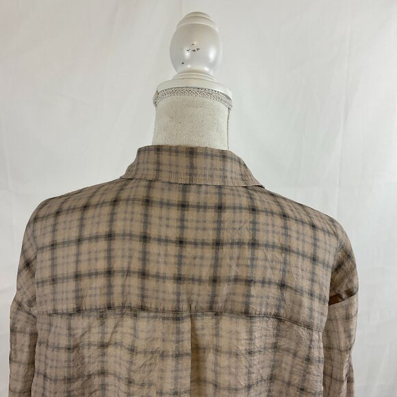 & Other Stories Blouse US 12 Beige Black Plaid Button Front Long Sleeve - Picture 8 of 12